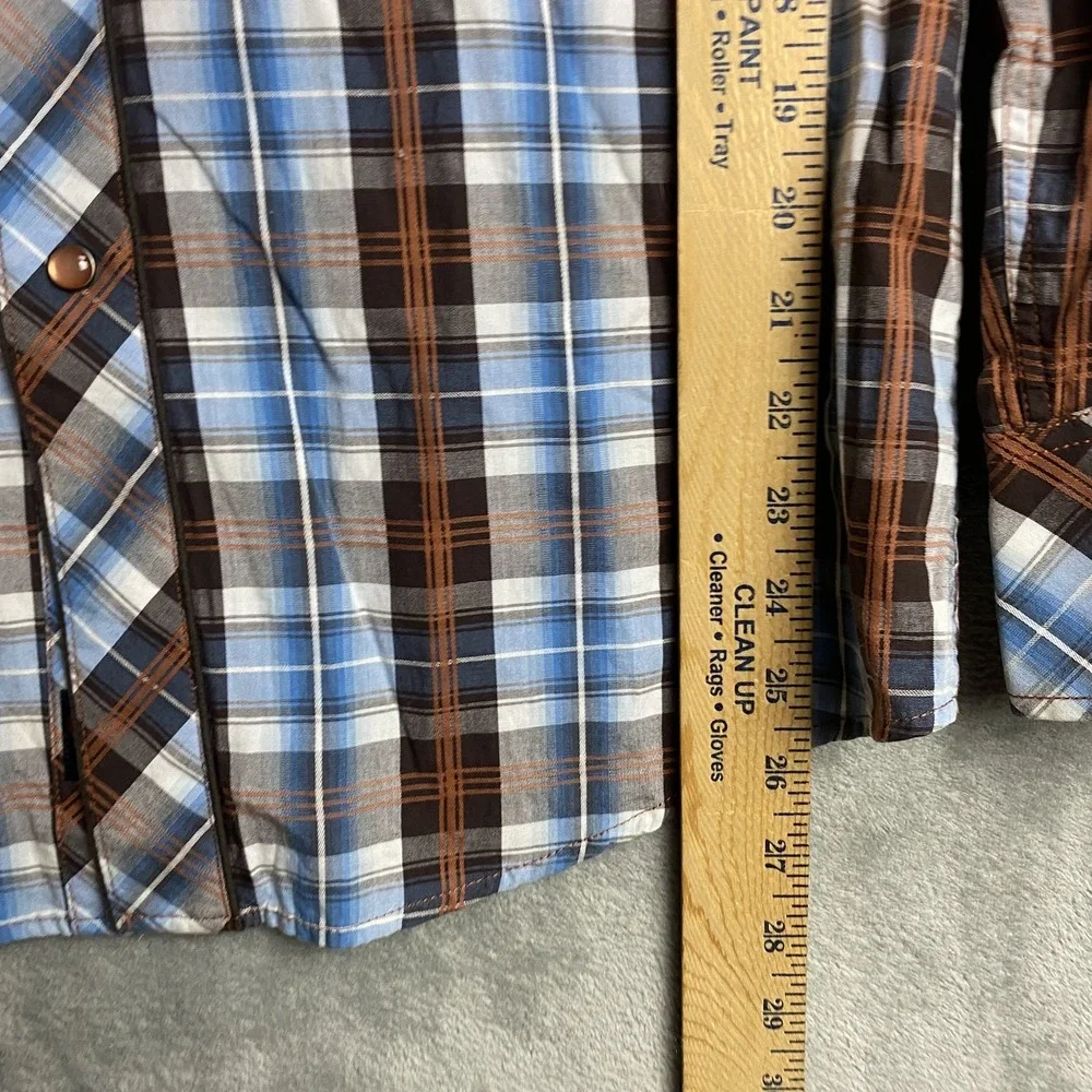 Panhandle Slim Men's M Plaid Western Shirt Blue Brown Embroidered